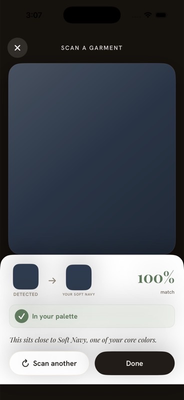 ShadeSet garment scanner matching a detected navy fabric to Your Soft Navy — 100% match, verdict: In your palette