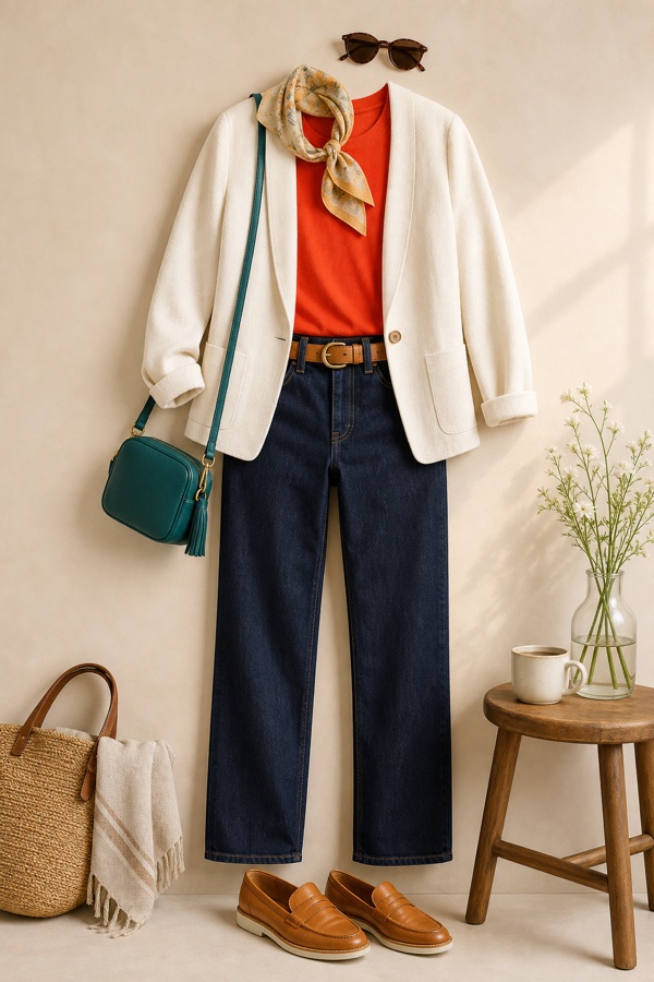 AI-generated flat-lay outfit by ShadeSet Pro: cream blazer, warm red tee, dark denim, tan loafers and belt, teal crossbody bag, styled on a palette-matched warm background